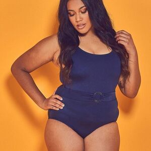 Wolf & Whistle Navy Belted Plunge Swimsuit Curve size 14